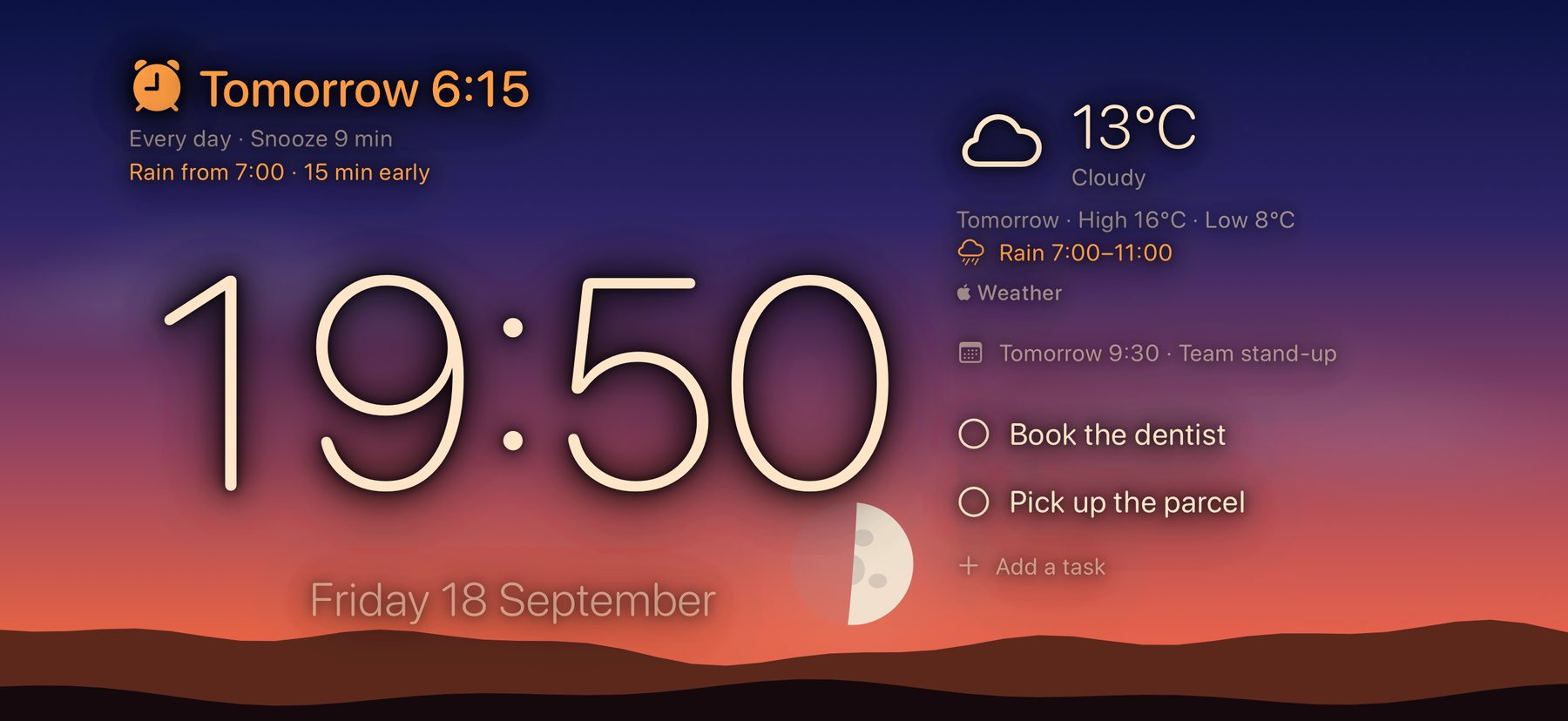 Wakeyside on its side on a nightstand at dusk: the next alarm rings 15 minutes early because rain is forecast, with the clock, the weather, the first event and two reminders over a sunset sky with the moon.