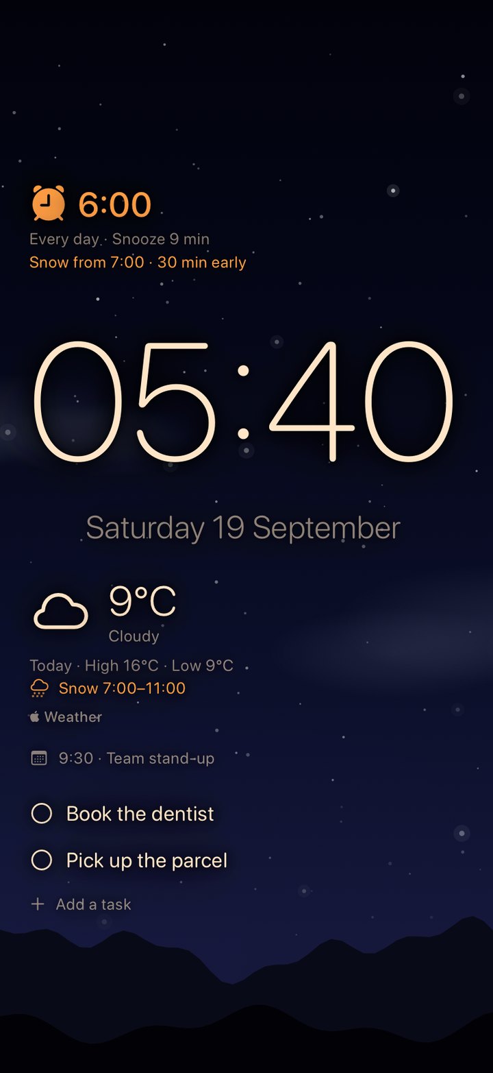The alarm line reads 6:00, Snow from 7:00, 30 min early, over the dark sky before dawn.