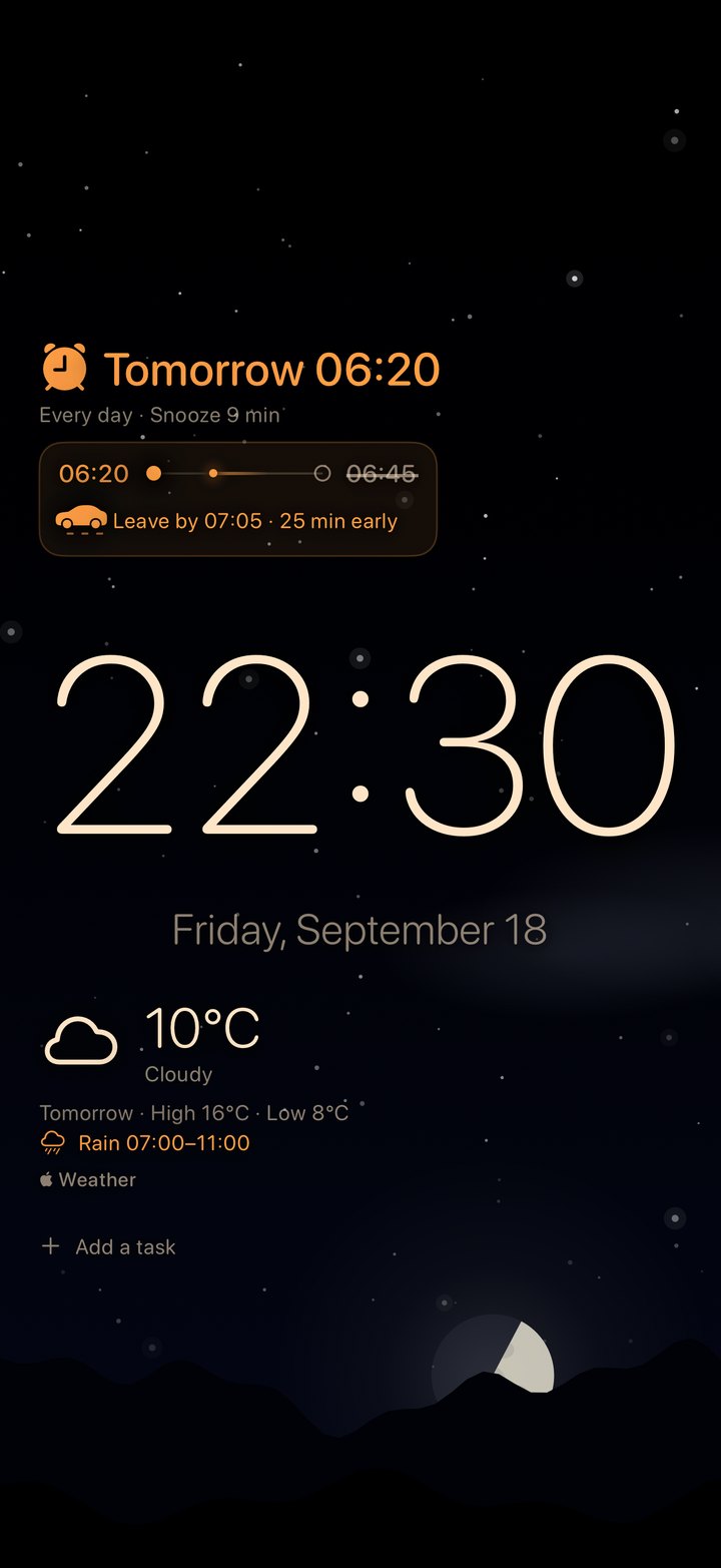 The alarm line reads 06:20 and, under it, Leave by 07:05, 25 min early, over the night sky, with the weather forecast below.